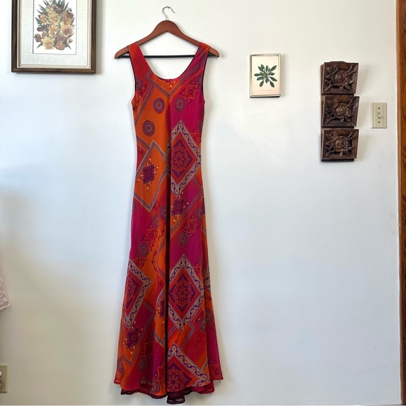 Vintage Dresses & Skirts - Vintage 90’s Reversible Abstract Orange & Red Floral Fairy Dress